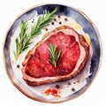 Watercolor illustration fresh raw beef steak with spices and rosemary on plate Royalty Free Stock Photo