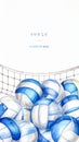 Watercolor illustration of a pile of blue and white volleyballs behind a net Royalty Free Stock Photo