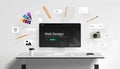 Web design interface displayed on desktop screen, surrounded by floating UI components like buttons Royalty Free Stock Photo