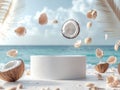 Tropical white podium with coconut and seashells Royalty Free Stock Photo
