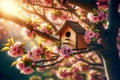 Wooden birdhouse on a tree in the farm park zone Royalty Free Stock Photo