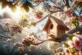 Wooden birdhouse on a tree in the farm park zone Royalty Free Stock Photo