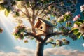 Wooden birdhouse on a tree in the farm park zone Royalty Free Stock Photo