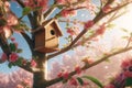 Wooden birdhouse on a tree in the farm park zone Royalty Free Stock Photo