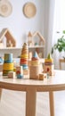 Wooden Toy Stacking Rings and Blocks on Table in Playroom Royalty Free Stock Photo