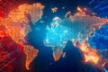 Global network and data exchange visualized on a world map, highlighting international connectivity Royalty Free Stock Photo