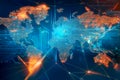 Global network and data exchange visualized on a world map, highlighting international connectivity Royalty Free Stock Photo