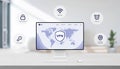 World map with VPN shield and floating icons showing encrypted, safe connection, hidden IP Royalty Free Stock Photo
