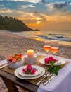 Generated imageSummer love. Romantic sunset dinner on the beach. Table honeymoon set for two with luxurious food Royalty Free Stock Photo