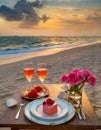 Generated imageSummer love. Romantic sunset dinner on the beach. Table honeymoon set for two with luxurious food Royalty Free Stock Photo