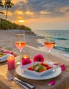 Generated imageSummer love. Romantic sunset dinner on the beach. Table honeymoon set for two with luxurious food Royalty Free Stock Photo