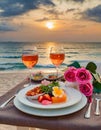 Generated imageSummer love. Romantic sunset dinner on the beach. Table honeymoon set for two with luxurious food Royalty Free Stock Photo