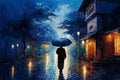 Person walking in rain at night Royalty Free Stock Photo