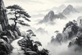 Misty mountain pathway with ancient pine trees and serene monochrome landscape for zen nature themes â AI-Generated Royalty Free Stock Photo