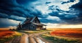 Abandoned Farmhouse on the Great Plains - Storm Clouds Approaching Royalty Free Stock Photo