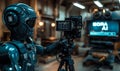 Advanced Humanoid Robot Filmmaker Demonstrating Sora Text-to-Video AI Model in a High-Tech Videography Studio Setting with