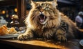 Angry screaming hungry fat cat posing with an empty plate at the restaurant table. demanding food. hangry concept - hungry and