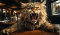 Angry screaming hungry fat cat posing with an empty table at the restaurant. demanding food. hangry concept - hungry and angry Royalty Free Stock Photo