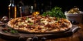 Authentic Shawarma Pizza Cheese Tomato Sauce Olives Baked in Wood-Burning Oven