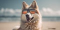 Beachside Chuckles Smiling Siberian Huskie Dog Funny Sunglasses Fun in the Sun. Generative AI Royalty Free Stock Photo