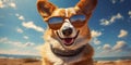 Beachside Fun Smiling Pembroke Welsh Corgi Dog Wearing Sunglasses with a Funny Twist. Generative AI Royalty Free Stock Photo