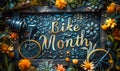 Bike Month celebration with artistic calligraphy and decorative floral elements surrounding a miniature bicycle display