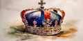British Crown of Jewels on United Kingom flag watercolor painting Royalty Free Stock Photo