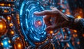 Business Professional Using a Futuristic Holographic Display for Data Analysis and Biometric Security Authentication