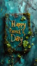 Celebratory Happy St Patricks Day greeting in elegant script on a textured green wooden background, festooned with shamrocks