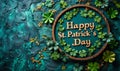 Celebratory Happy St Patricks Day greeting in elegant script on a textured green wooden background, festooned with shamrocks