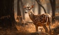 Chital Spotted Deer captured in a forest clearing bathed in warm golden sunlight. majestic animal is photographed in full figure Royalty Free Stock Photo