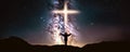 Christian cross symbol in the night sky with silhouette of person with their arms raised worshipping God. Generative AI