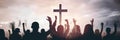 Christian people group raise hands up worship God Jesus Christ together on cross over cloudy sky background. Generative AI Royalty Free Stock Photo