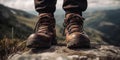 Close-up of male hiker hiking boots with scenic mountain background. Generative AI