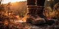 Close-up of male hiker hiking boots with scenic mountain background. Generative AI