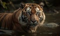 close up photo of Bengal tiger standing in water in a forest river. Generative AI Royalty Free Stock Photo