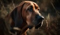 close up photo of bloodhound with natural blurry background. Generative AI