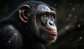 close up photo of bonobo with blurry dark jungle background. Generative AI