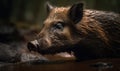 close up photo of bushpig on blurry dark forest background. Generative AI