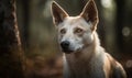 close up photo of Canaan dog on blurry forest background. Generative AI