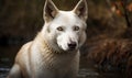 close up photo of Canaan dog on blurry forest background. Generative AI