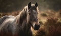 close up photo of Dartmoor breed of pony on blurry forest background. Generative AI