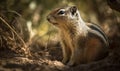 close up photo of ground squirrel on blurry forest background. Generative AI