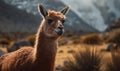 close up photo of guanaco Lama guanicoe on blurry background of its natural habitat. Generative AI
