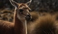 close up photo of guanaco Lama guanicoe on blurry background of its natural habitat. Generative AI