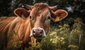 close up photo of Guernsey cow in its natural habitat. Generative AI