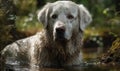 close up photo of kuvasz dog on blurry outdoors background. Generative AI