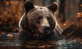 close up photo of Ursus arctos standing in water with blurry forest background. Generative AI