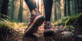 Close-up of a womans trail running shoes as she strolls down a wooded path. Generative AI Royalty Free Stock Photo