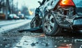 Close-up of a wrecked cars damaged front side after a severe road collision, with debris scattered on the asphalt in the Royalty Free Stock Photo